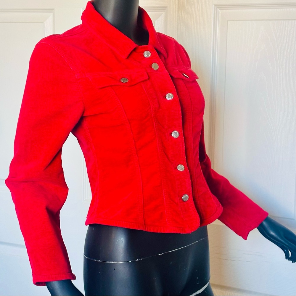 Bold Red Corduroy Jean Jacket with Fitted Silhouette Vintage Stretch By Cimarron